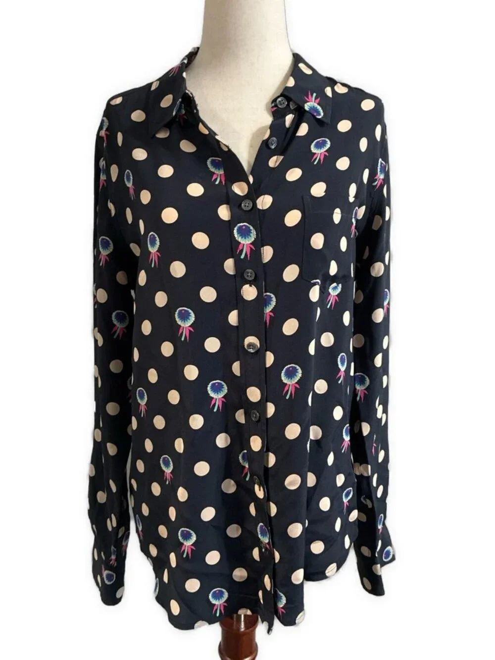 Equipment Femme Blue Pink 100% Silk Polka Dot Floral Button Down Blouse Medium